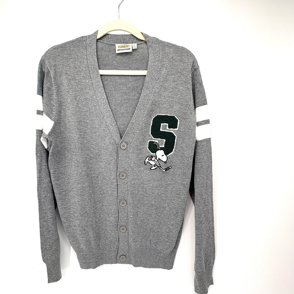 Peanuts x‎ Aeropostale Snoopy Hockey V Neck Cardigan Sweater Mens Small Fall